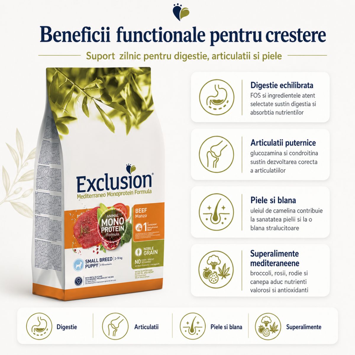 EXCLUSION Mediterraneo Monoprotein Puppy Small Breed, XS-S, Vită, hrană uscată monoproteică câini junior, 2kg - imagine 4